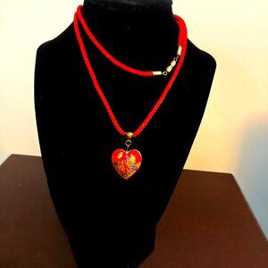 Vintage Cloisonné Butterfly Flowers Pendant Red Cord Necklace